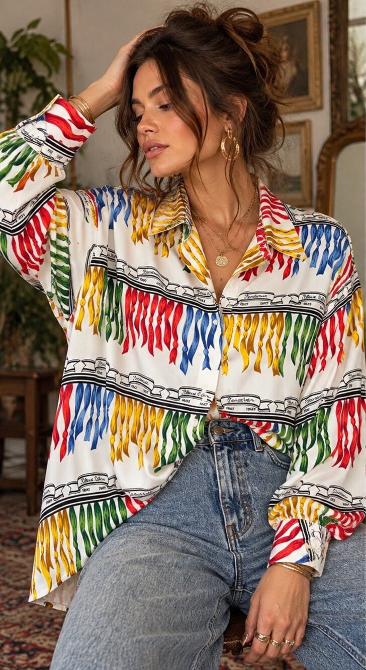 Jordan Vintage Art to Wear Blouse Colorful Maximalist Artsy Ribbon Print